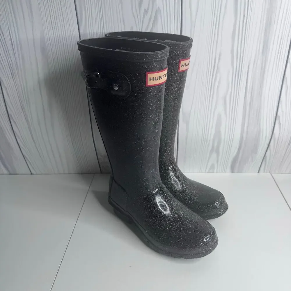 Hunter Big Kids Original Giant Glitter Girls 1 Rain Boots, Black